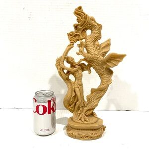 Vintage Asian Dragon Slayer Faux Ivory Resin Art Chinese Sculpture 14” Tall